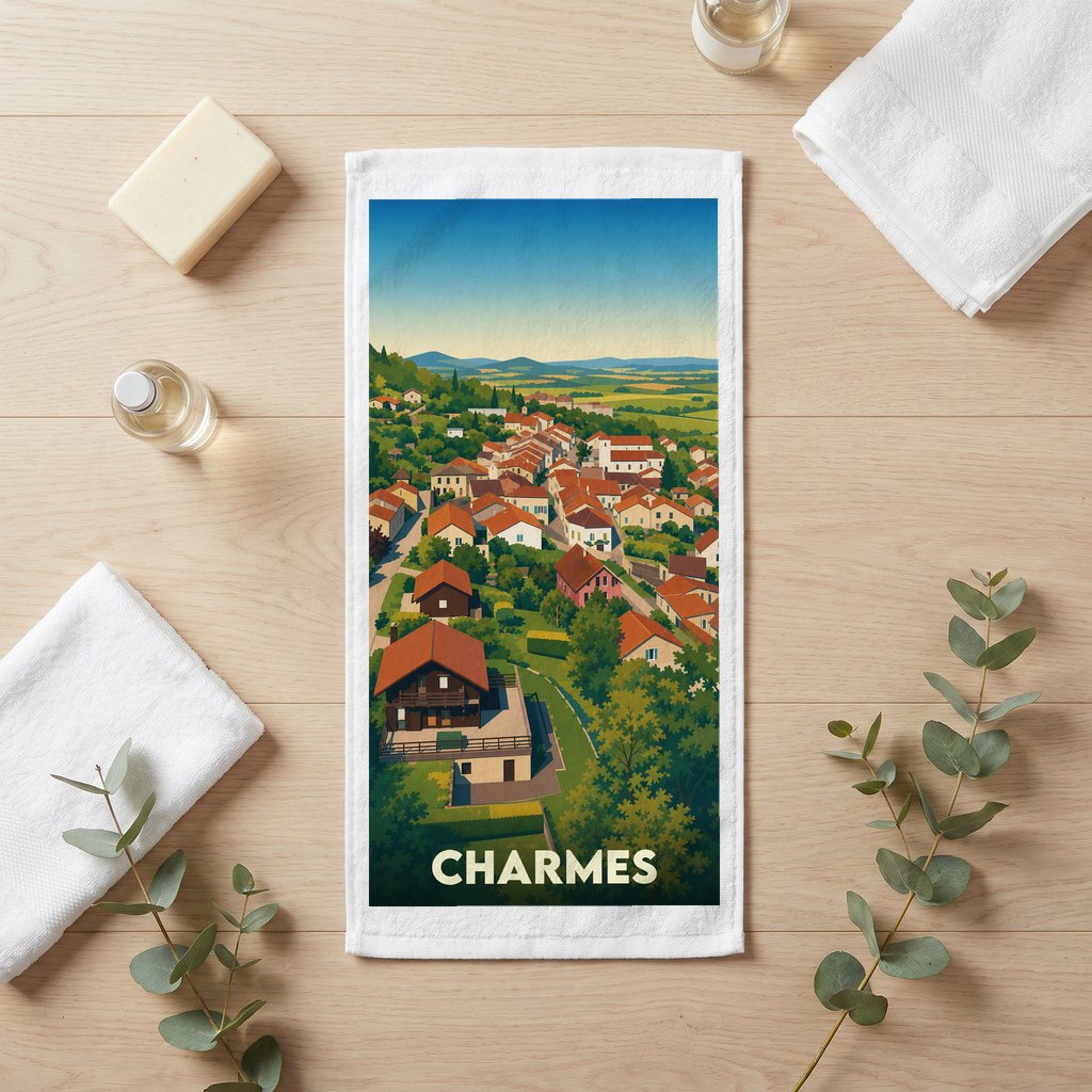 Serviette de bain souvenir de la ville de Charmes avec une illustration stylisée de ses paysages et maisons.
