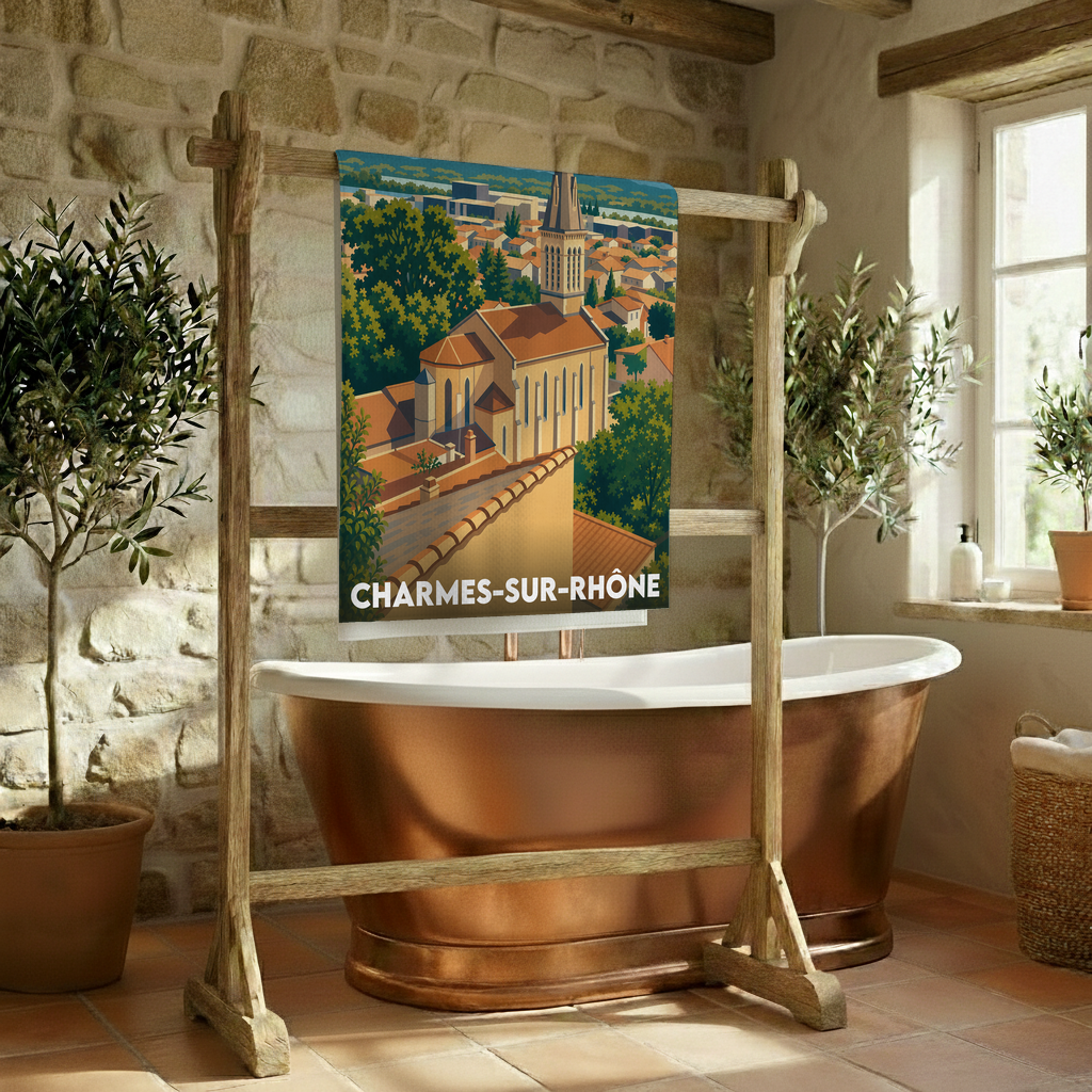 Serviette de bain souvenir de la ville de Charmes-sur-Rhône avec une illustration stylisée.