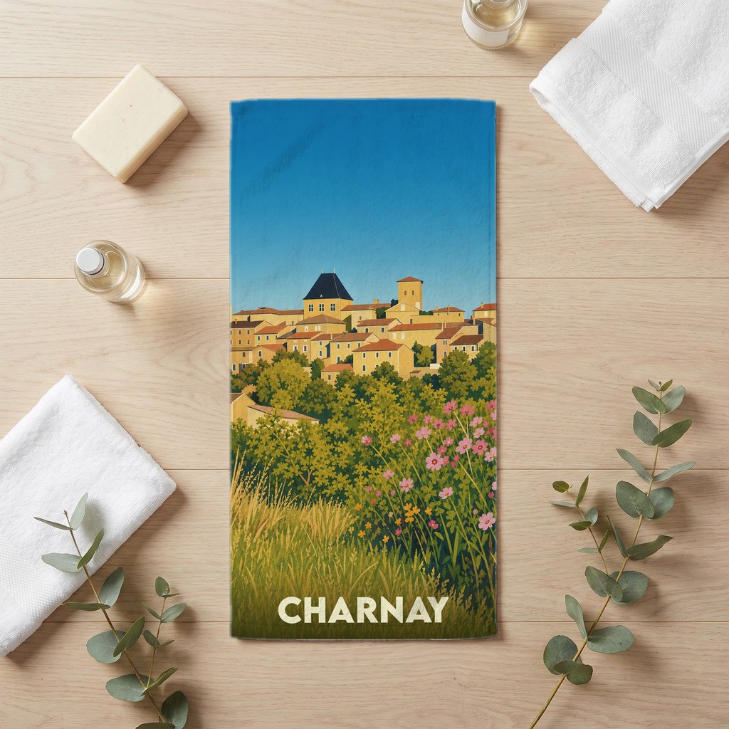 Serviette de bain souvenir de la ville de Charnay avec une illustration de paysage stylisée.