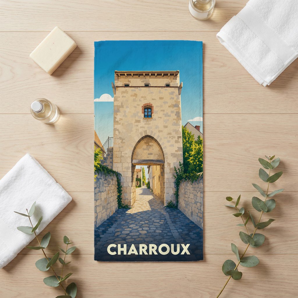 Serviette de bain souvenir de la ville de Charroux avec une illustration stylisée d'une porte fortifiée.