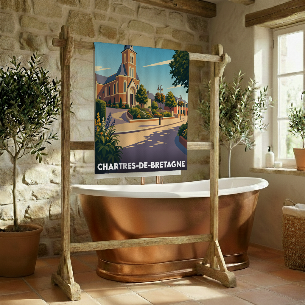 Serviette de bain souvenir de Chartres-de-Bretagne illustrée d'une vue stylisée de son église et de ses rues fleuries.