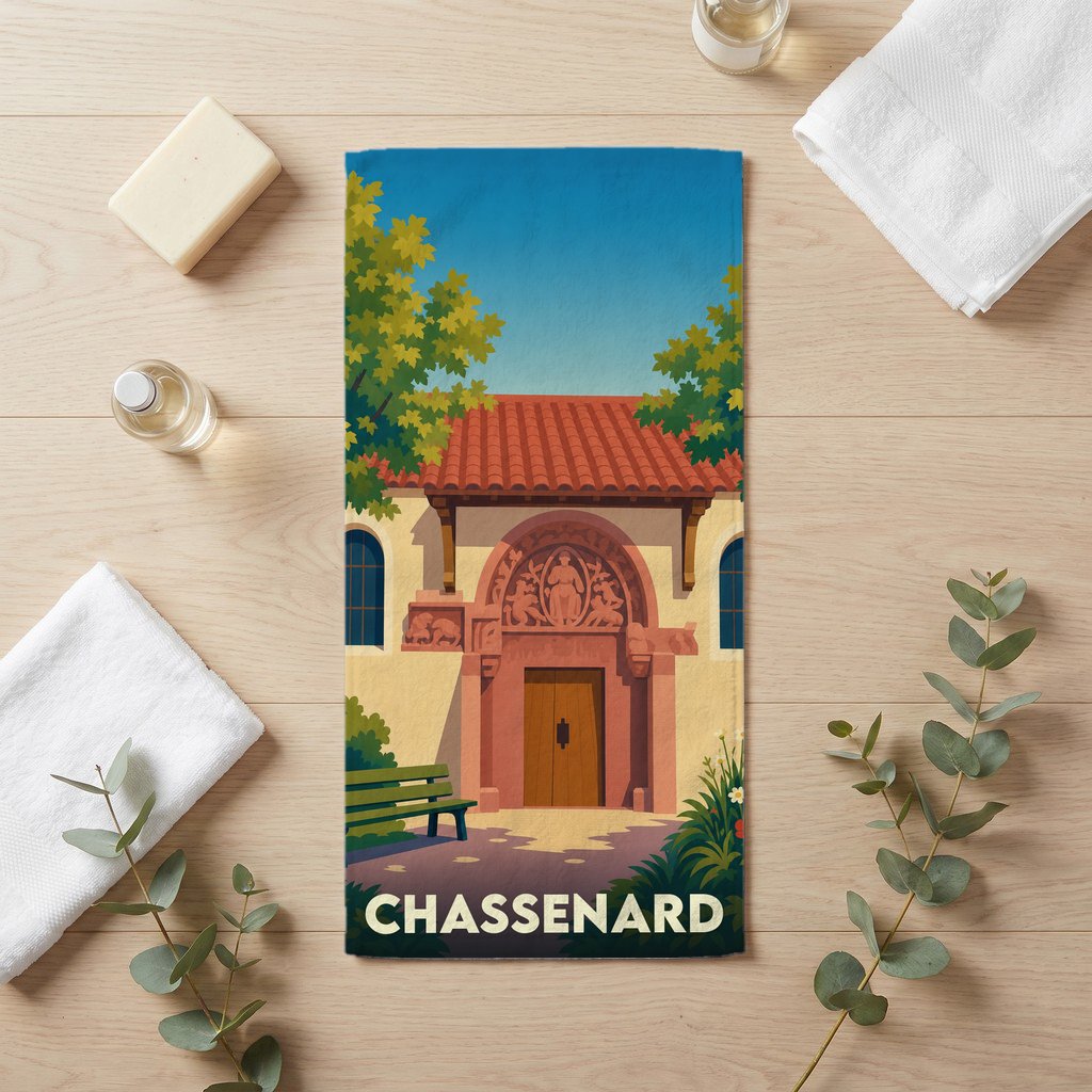 Serviette de bain souvenir de la ville de Chassenard avec une illustration stylisée.