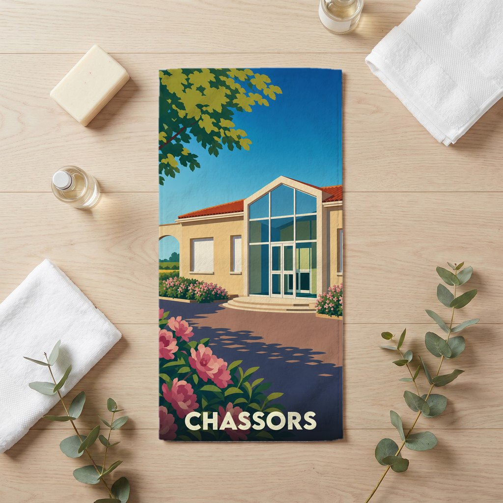 Serviette de bain souvenir de la ville de Chassors avec une illustration stylisée.