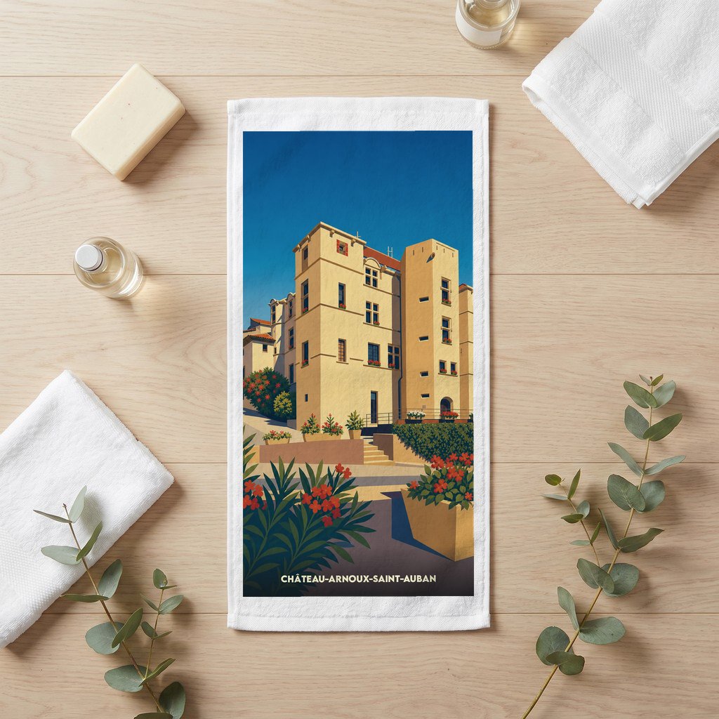 Serviette de bain souvenir de la ville de Château-Arnoux-Saint-Auban avec une illustration stylisée.