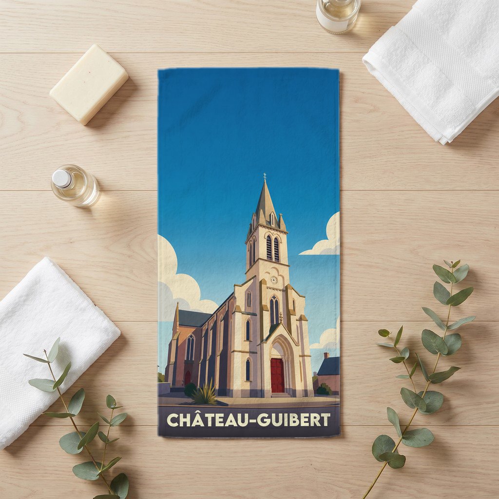 Serviette de bain souvenir de la ville de Château-Guibert avec une illustration stylisée de son église.