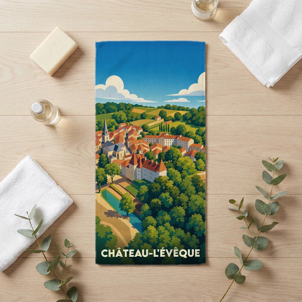 Serviette de bain souvenir de la ville de Château-l'Évêque avec une illustration stylisée d'un paysage de village français.