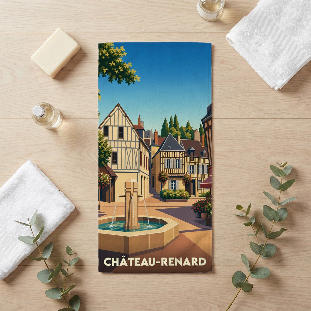 Serviette de bain souvenir de la ville de Château-Renard avec une illustration stylisée d'une place provençale.