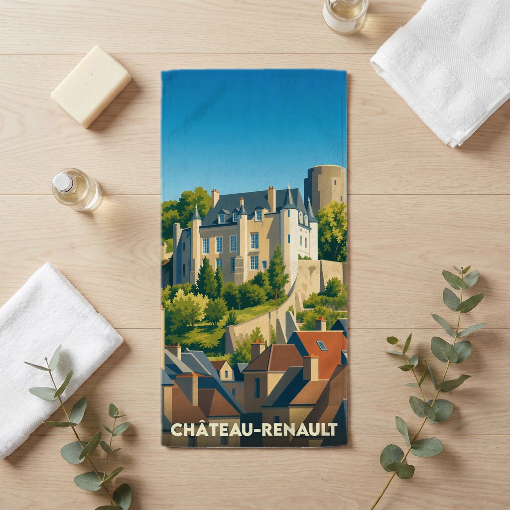 Serviette de bain souvenir de la ville de Château-Renault avec une illustration stylisée d'un château dominant des toits.