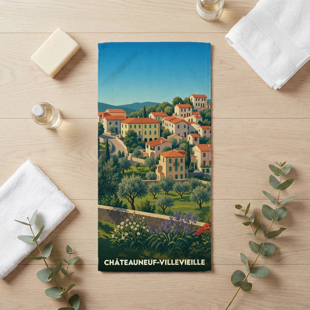 Serviette de bain souvenir de la ville de Châteauneuf-Villevieille avec une illustration de paysage provençal.