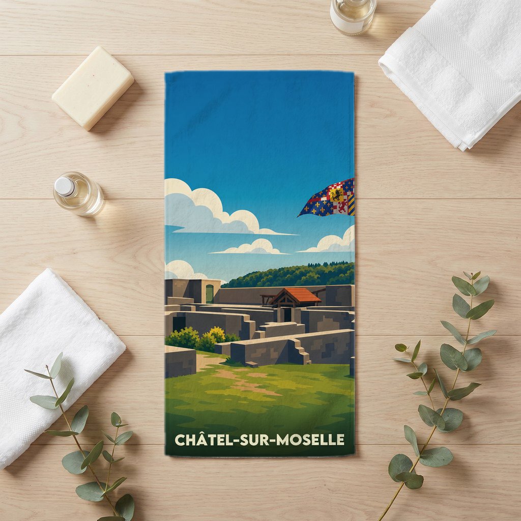 Serviette de bain souvenir de Châtel-sur-Moselle avec une illustration stylisée de sa forteresse médiévale.