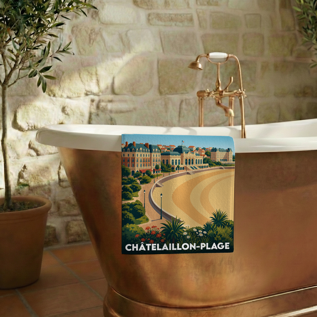 Serviette de bain souvenir de Châtelaillon-Plage avec une illustration stylisée du front de mer.