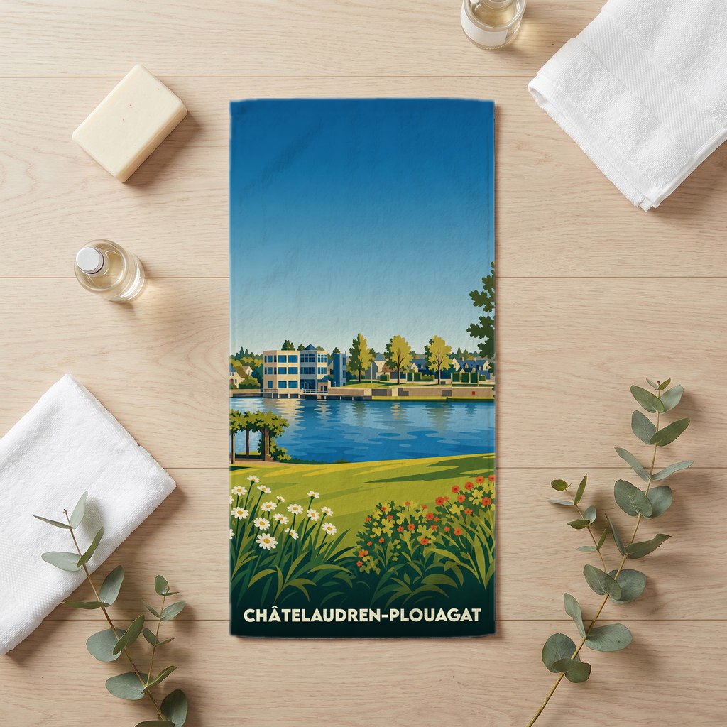Serviette de bain souvenir de la ville de Châtelaudren-Plouagat avec une illustration stylisée.