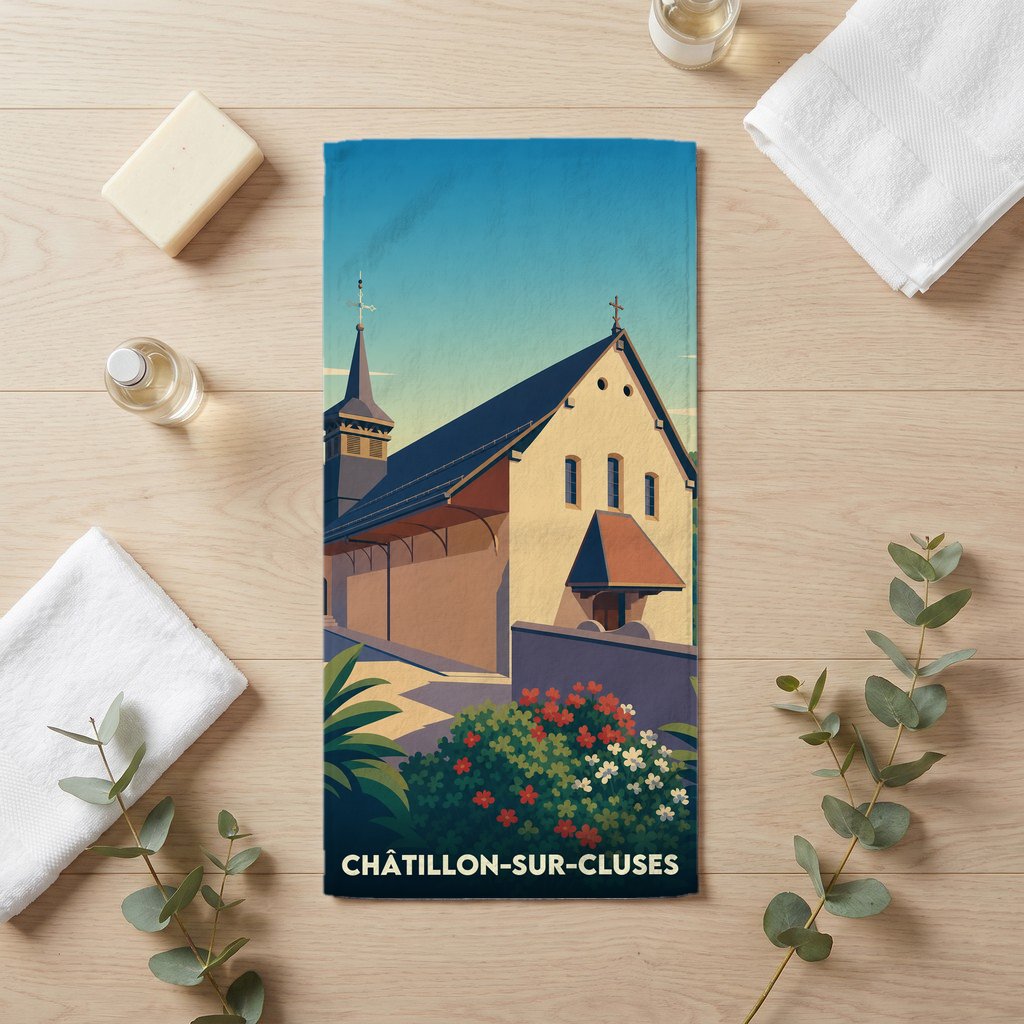 Serviette de bain souvenir de la ville de Châtillon-sur-Cluses avec une illustration stylisée d'une église.