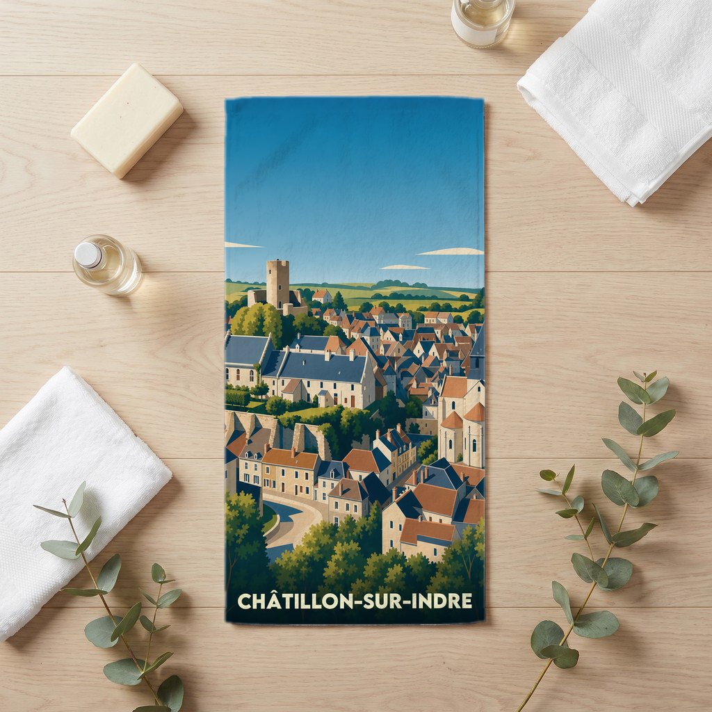 Serviette de bain souvenir de la ville de Châtillon-sur-Indre avec une illustration stylisée.