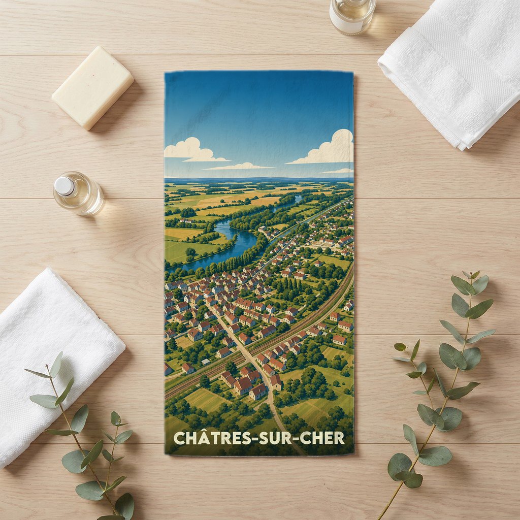Serviette de bain souvenir de la ville de Châtres-sur-Cher avec une illustration stylisée.