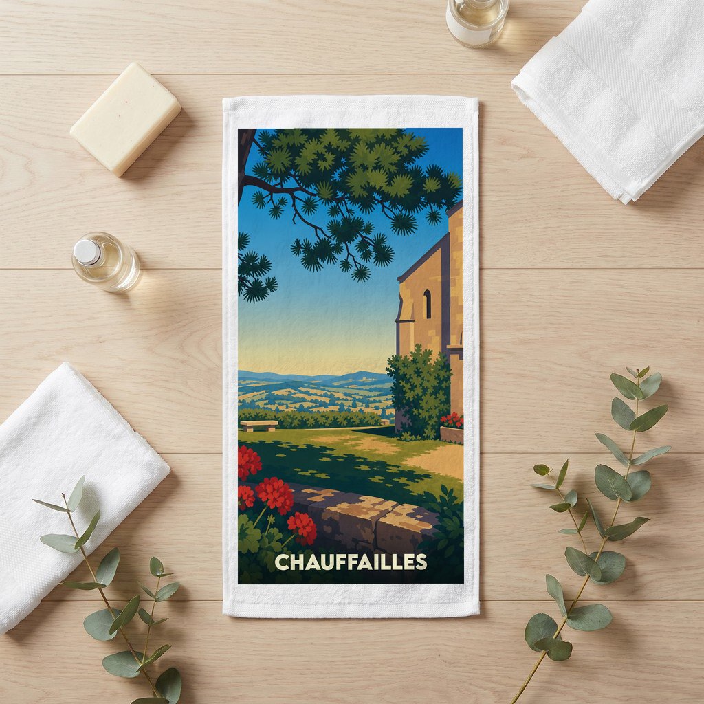 Serviette souvenir de la ville de Chauffailles avec une illustration stylisée de paysage.
