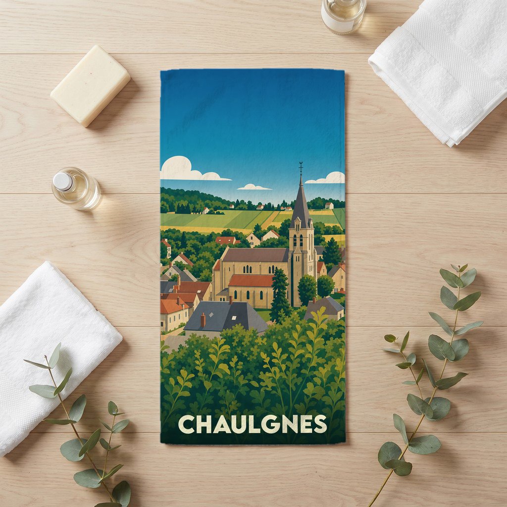 Serviette de bain souvenir de la ville de Chaulgnes avec une illustration stylisée.