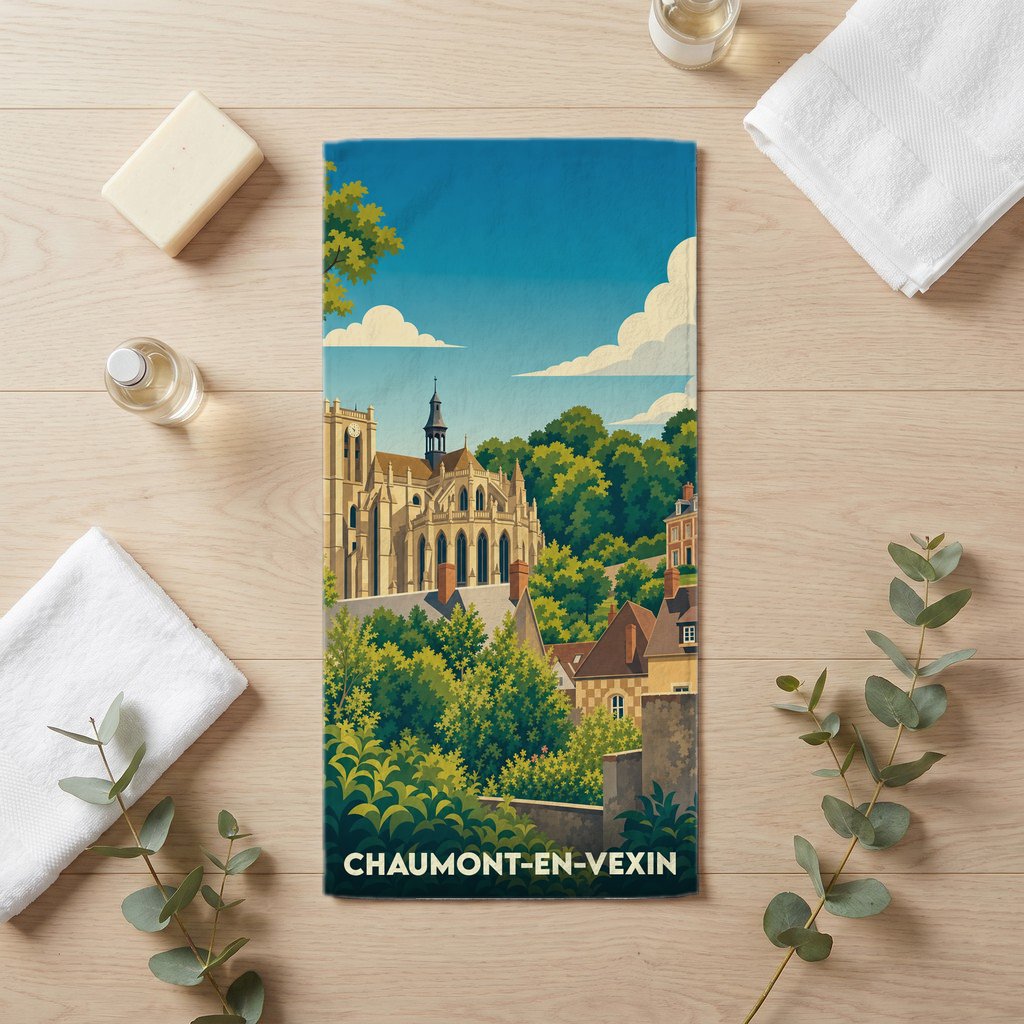 Serviette de bain souvenir de la ville de Chaumont-en-Vexin avec une illustration stylisée.