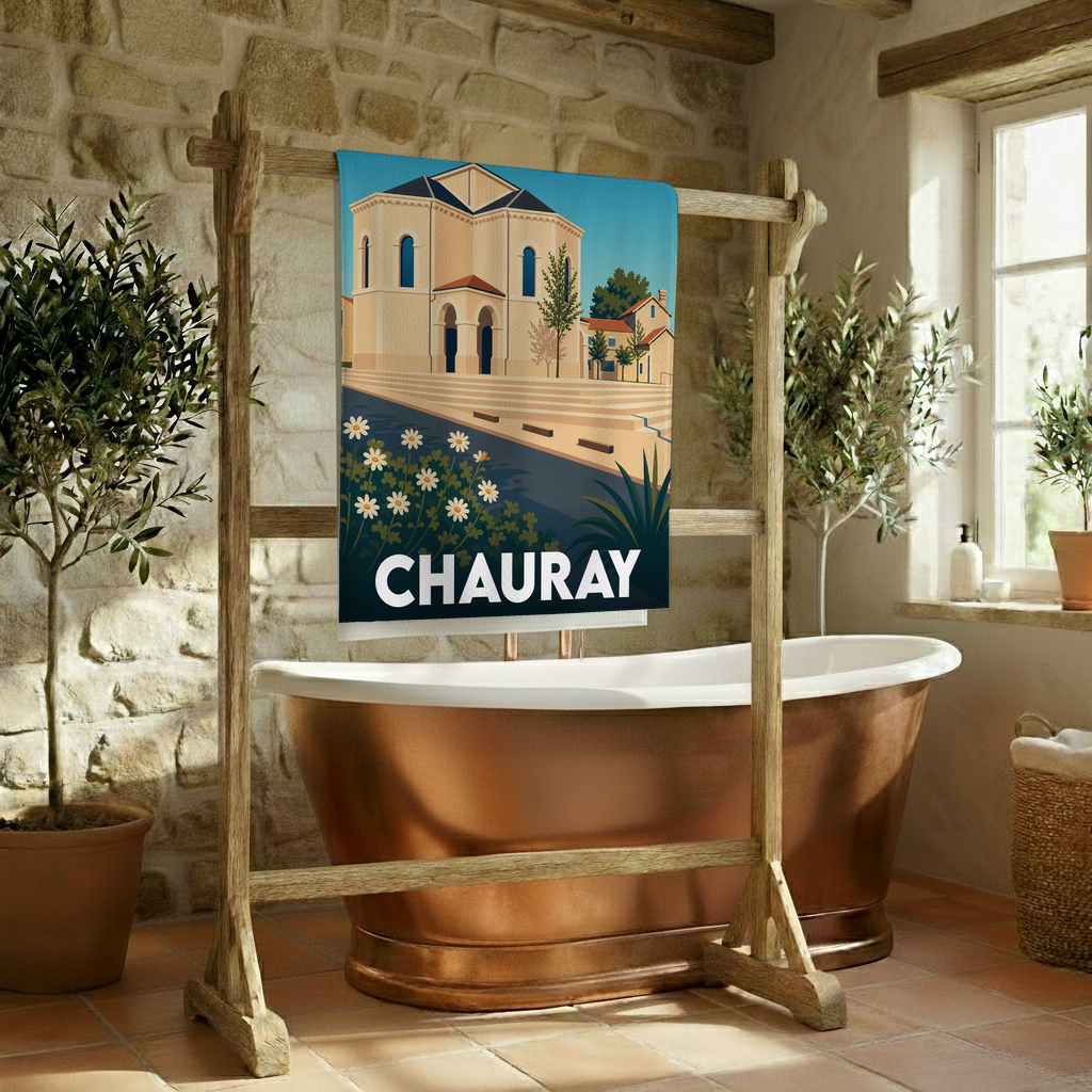 Serviette de bain souvenir de la ville de Chauray avec une illustration stylisée.