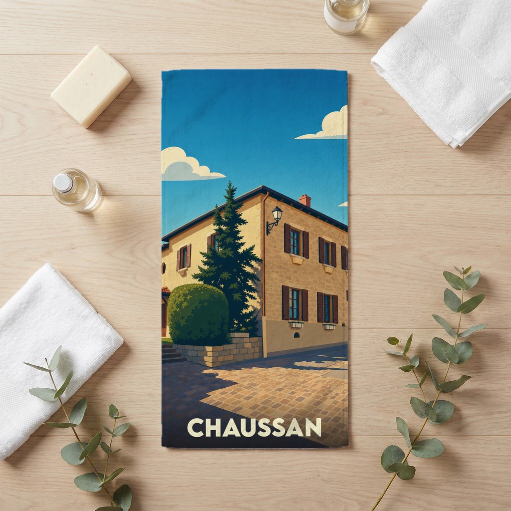 Serviette de bain souvenir de la ville de Chaussan avec une illustration stylisée d'une maison en pierre.