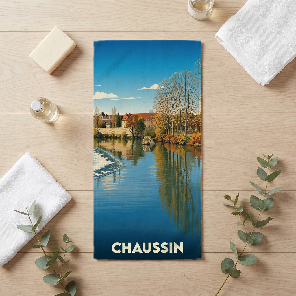 Serviette de bain souvenir de la ville de Chaussin avec une illustration stylisée.