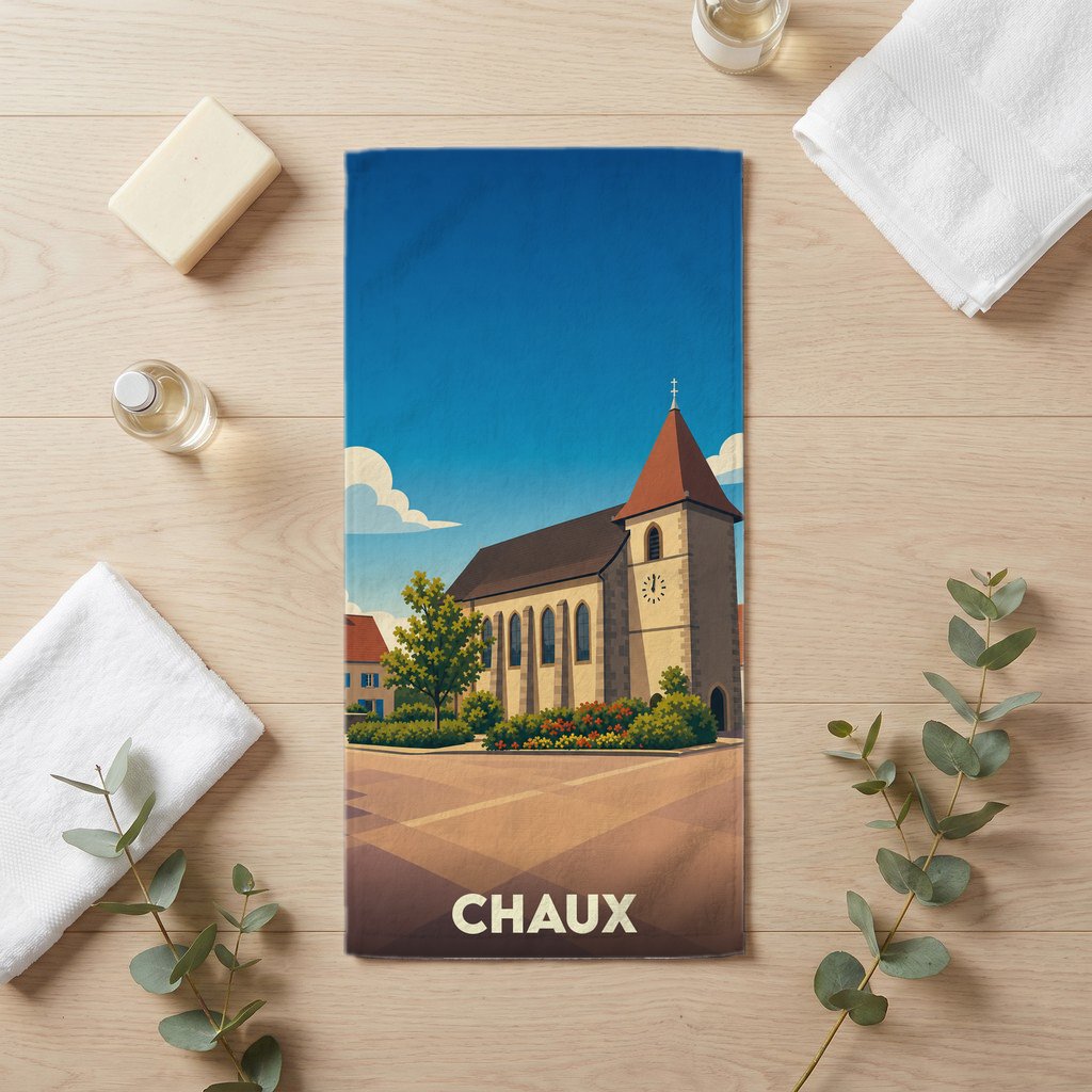 Serviette de bain souvenir de la ville de Chaux avec une illustration stylisée de son église.