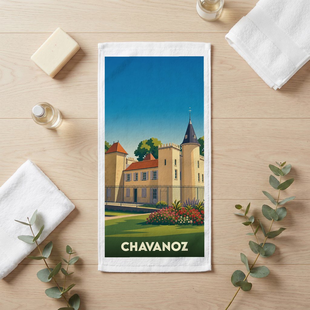 Serviette de bain souvenir de la ville de Chavanoz avec une illustration stylisée de son château.