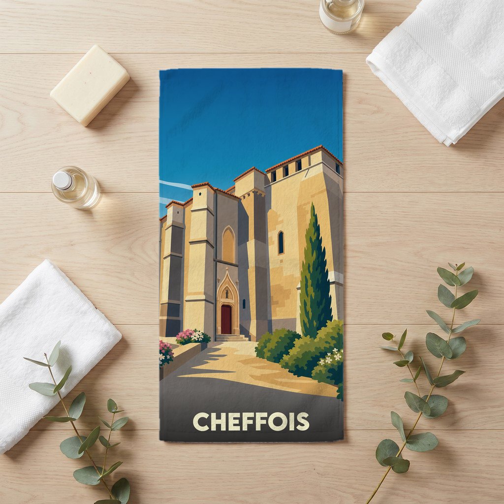Serviette de bain souvenir de la ville de Cheffois avec une illustration stylisée de son église fortifiée.