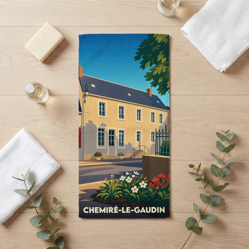 Serviette de bain souvenir de la ville de Chemiré-le-Gaudin avec une illustration stylisée d'une rue typique.