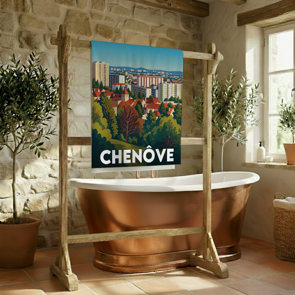 Serviette de bain souvenir de la ville de Chenôve avec une illustration stylisée.