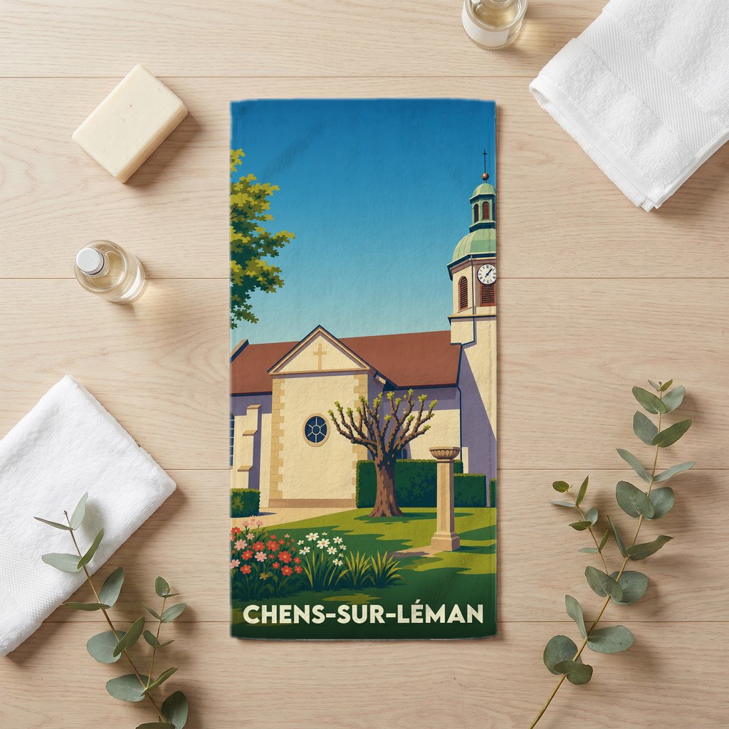 Serviette de bain souvenir de la ville de Chens-sur-Léman avec une illustration stylisée de son église.