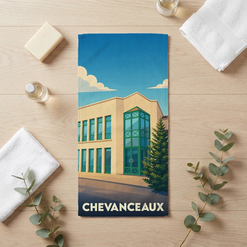 Serviette de bain souvenir de la ville de Chevanceaux avec une illustration stylisée de son architecture.
