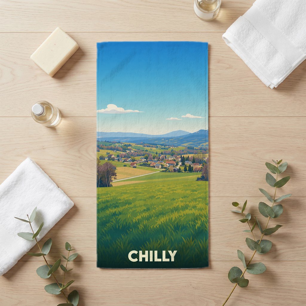 Serviette de bain souvenir de la ville de Chilly avec une illustration stylisée de paysages vallonnés.