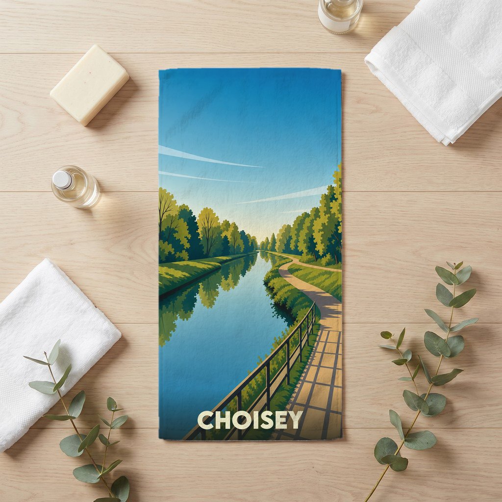 Serviette de bain souvenir de la ville de Choisey avec une illustration stylisée d'un canal bordé d'arbres.