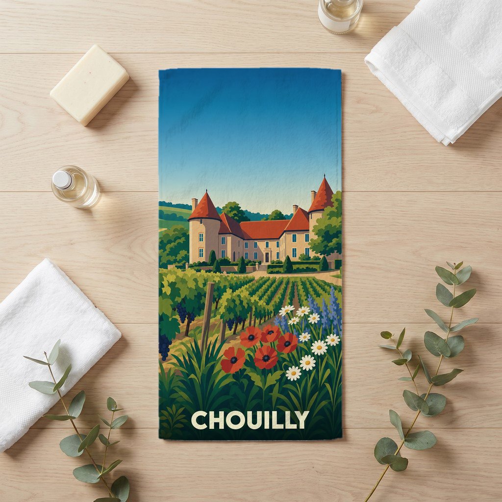 Serviette de bain souvenir de la ville de Chouilly ornée d'une illustration stylisée de son château et de ses vignobles.