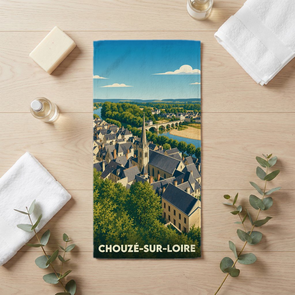 Serviette de bain souvenir de la ville de Chouzé-sur-Loire avec une illustration stylisée.