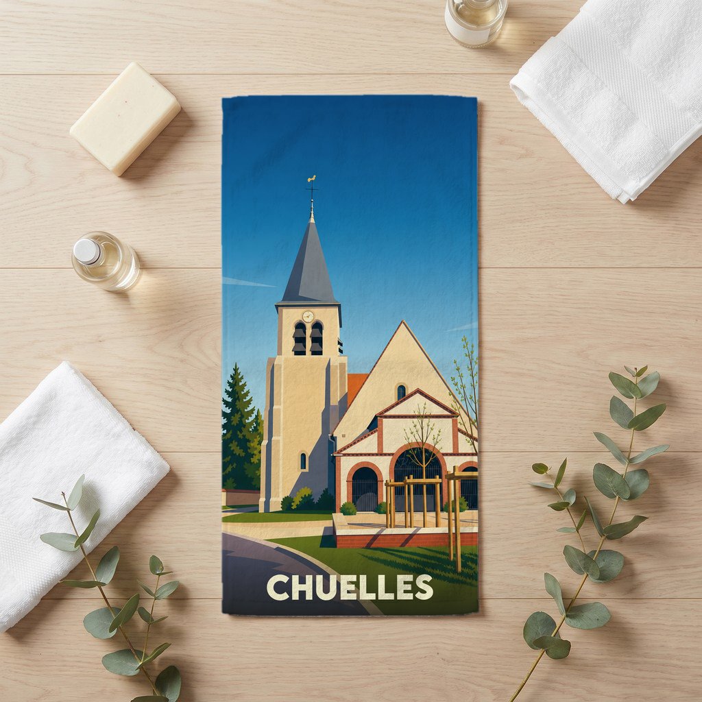 Serviette de bain souvenir de la ville de Chuelles illustrée par une église stylisée.