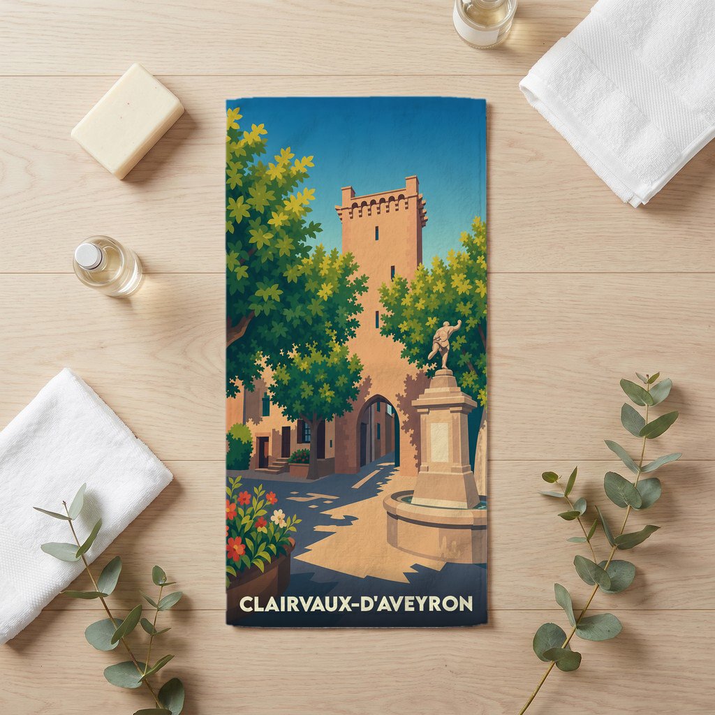 Serviette de bain souvenir de Clairvaux-d'Aveyron avec une illustration stylisée de la ville.