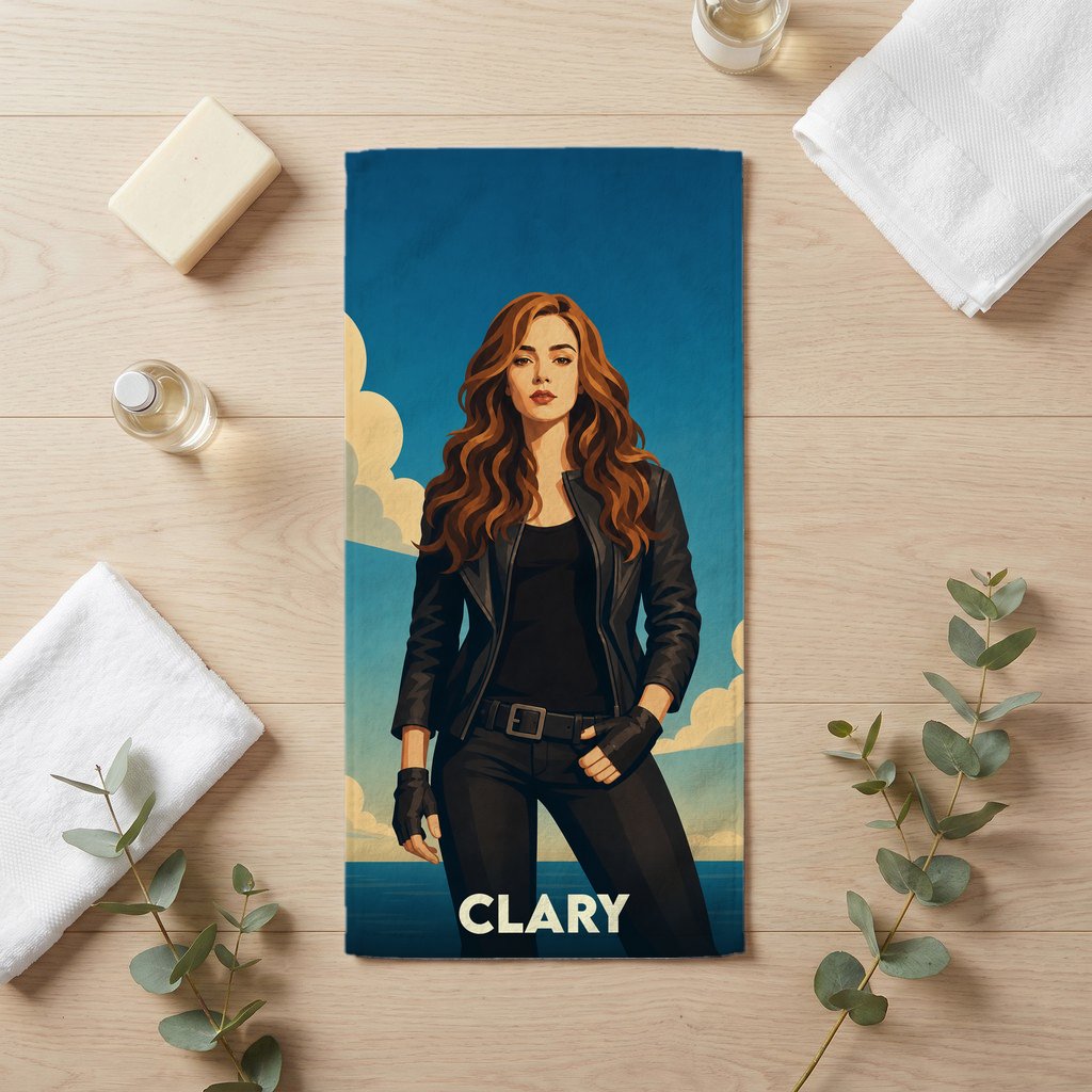 Serviette de bain souvenir de la ville de Clary avec une illustration de personnage stylisée.