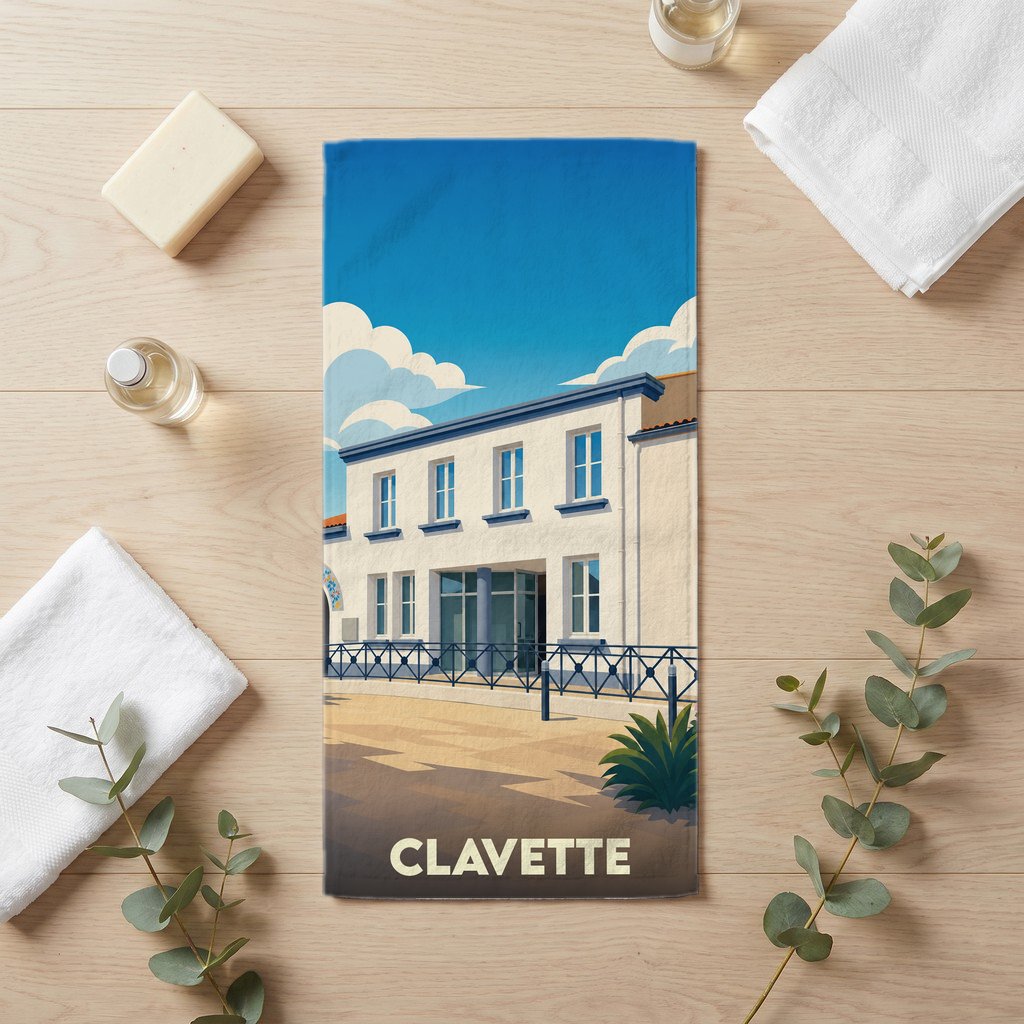 Serviette de bain souvenir de la ville de Clavette avec une illustration stylisée de sa mairie.