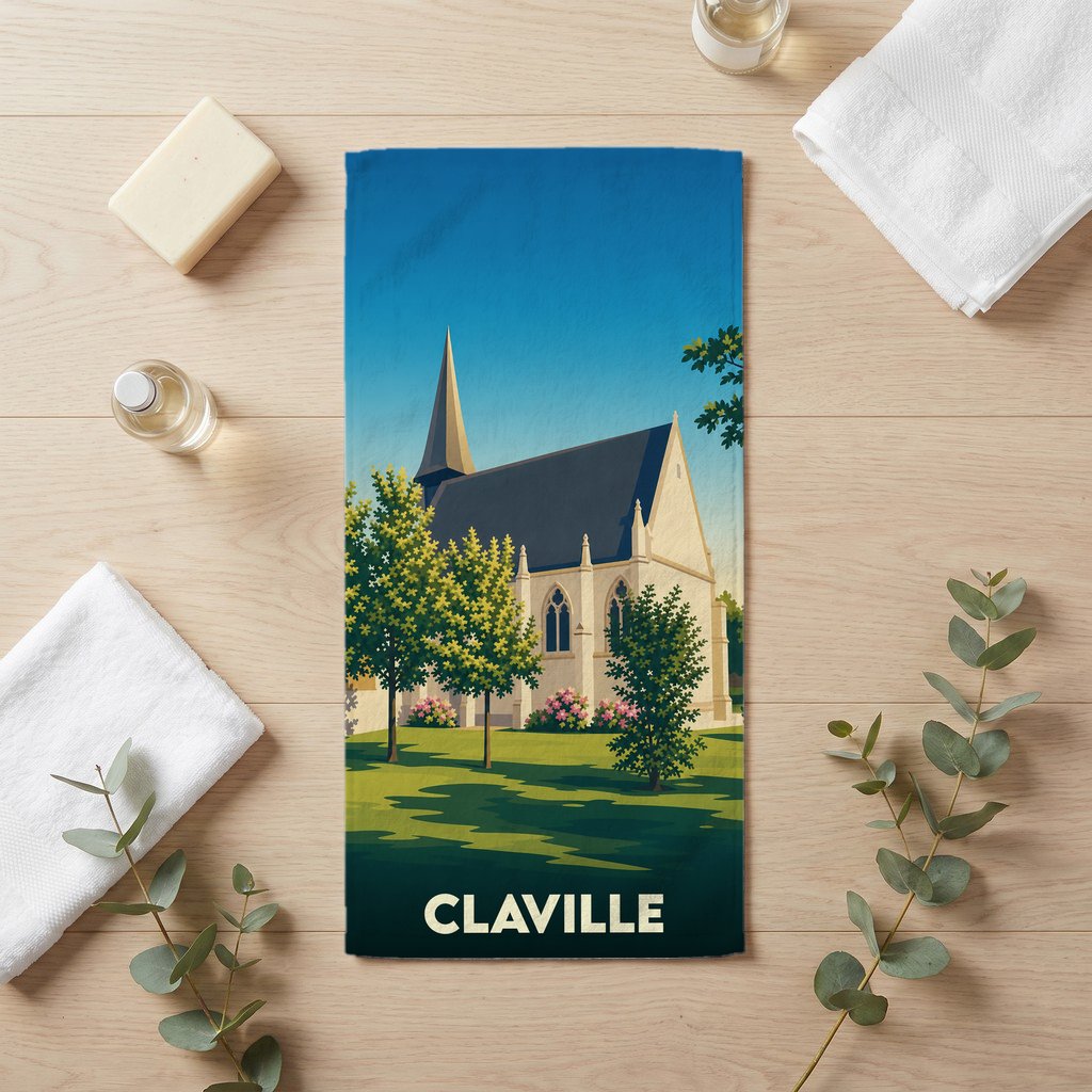 Serviette de bain souvenir de la ville de Claville avec une illustration stylisée de son église.
