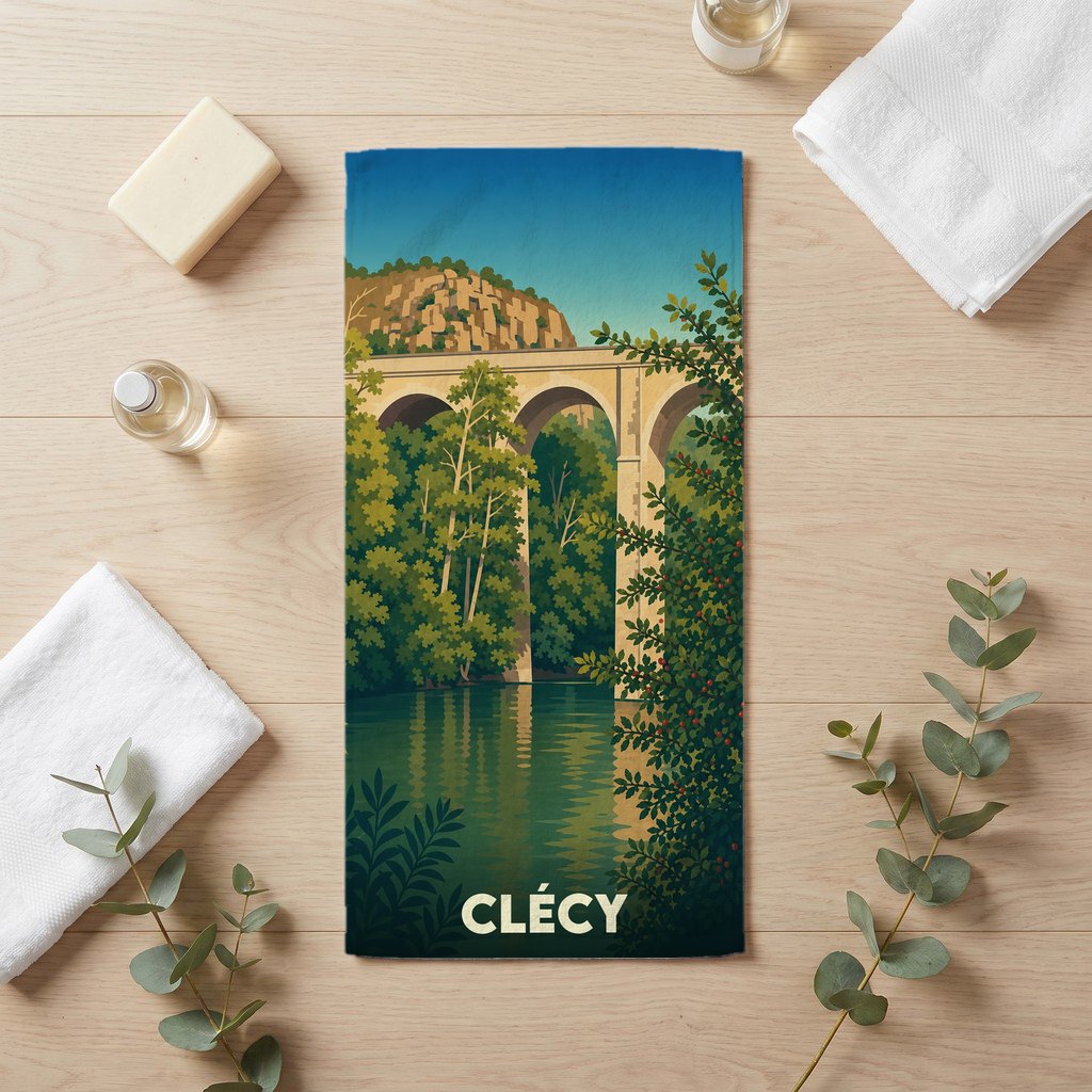 Serviette de bain souvenir de la ville de Clécy avec une illustration stylisée de son viaduc.