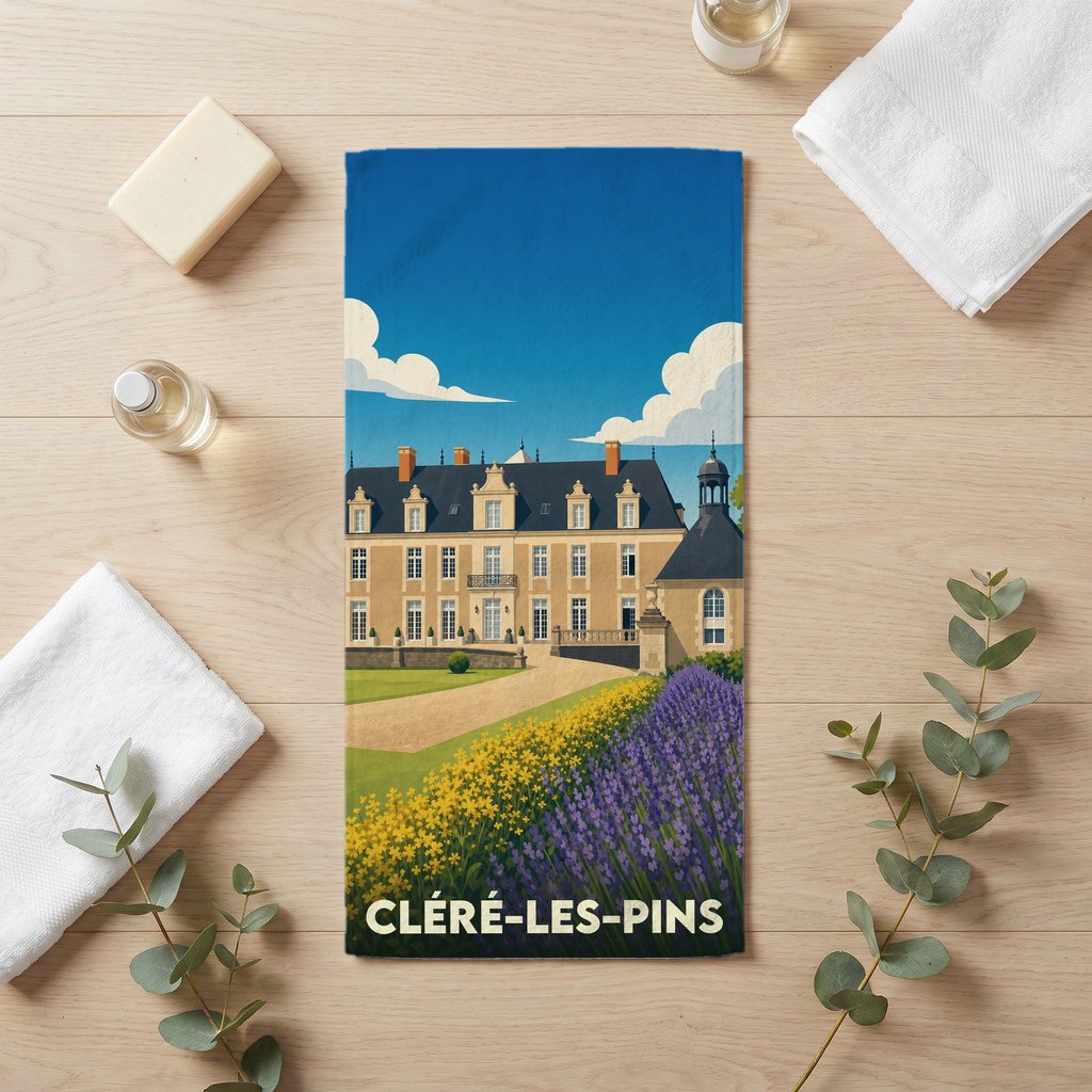 Serviette de bain souvenir de la ville de Cléré-les-Pins avec une illustration stylisée d'un château et de jardins.
