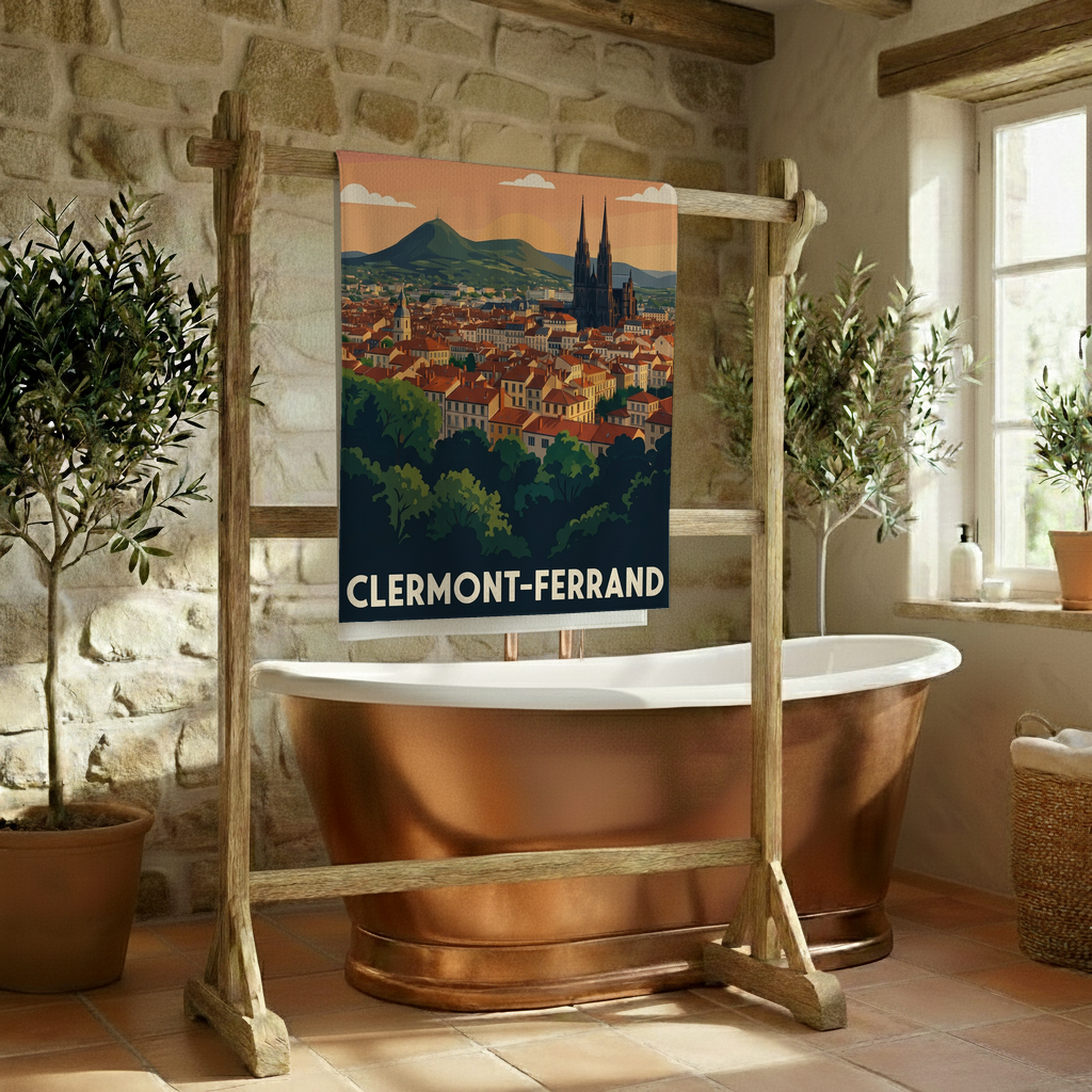 Serviette de bain souvenir de la ville de Clermont-Ferrand avec une illustration stylisée.