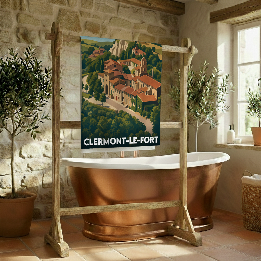 Serviette de bain souvenir de la ville de Clermont-le-Fort avec une illustration stylisée du village.
