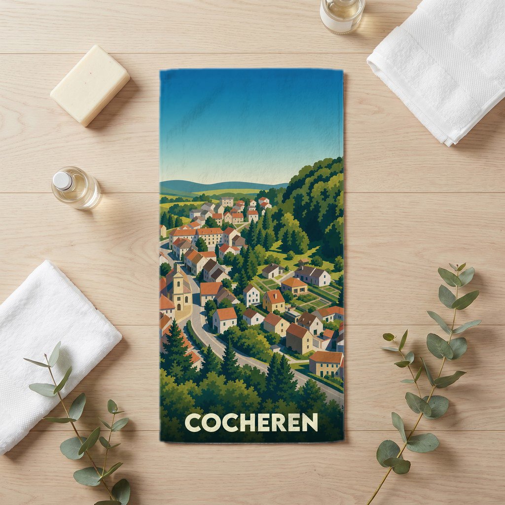 Serviette de bain souvenir de la ville de Cocheren avec une illustration stylisée de son paysage urbain.