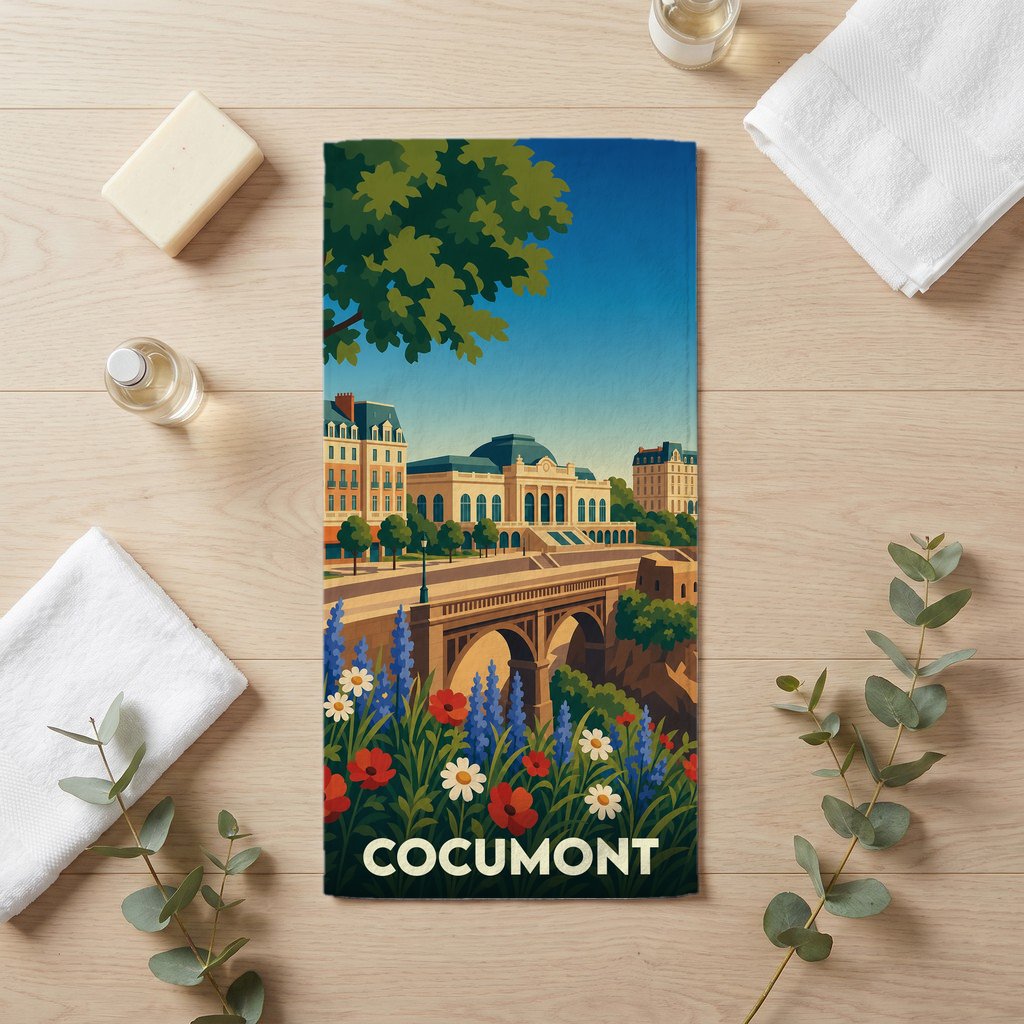 Serviette de bain souvenir de la ville de Cocumont avec une illustration stylisée.