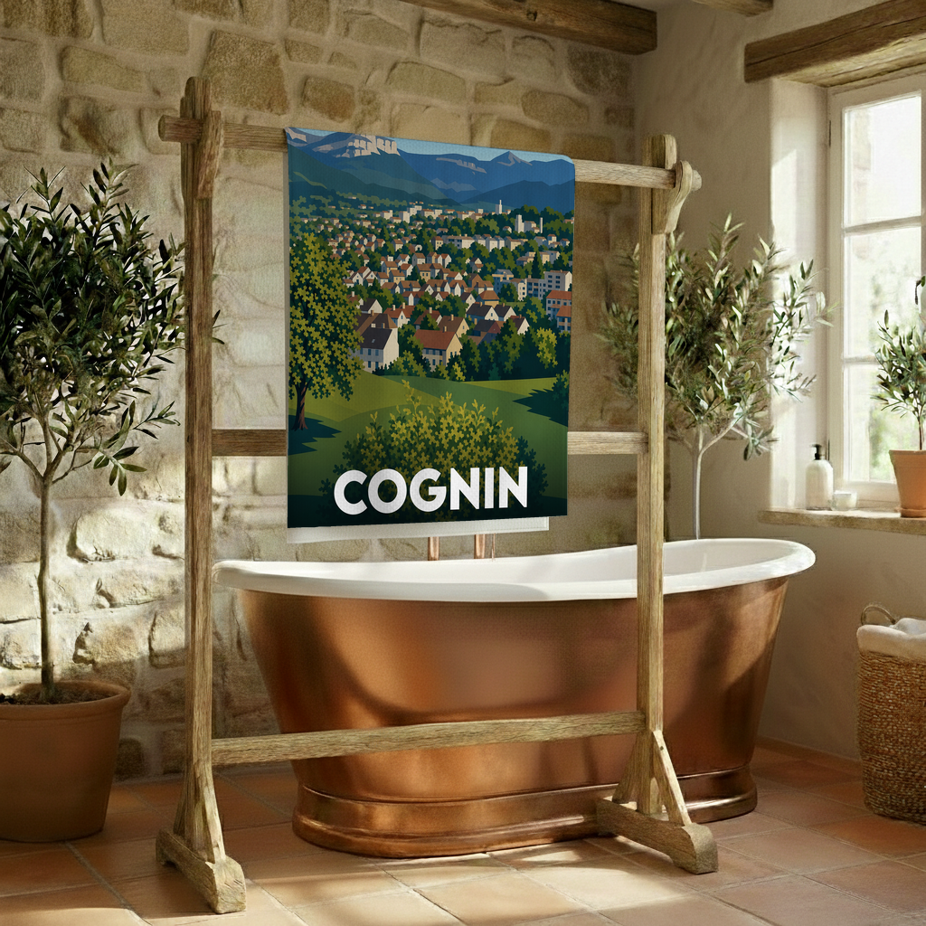 Serviette de bain souvenir de la ville de Cognin avec une illustration stylisée.
