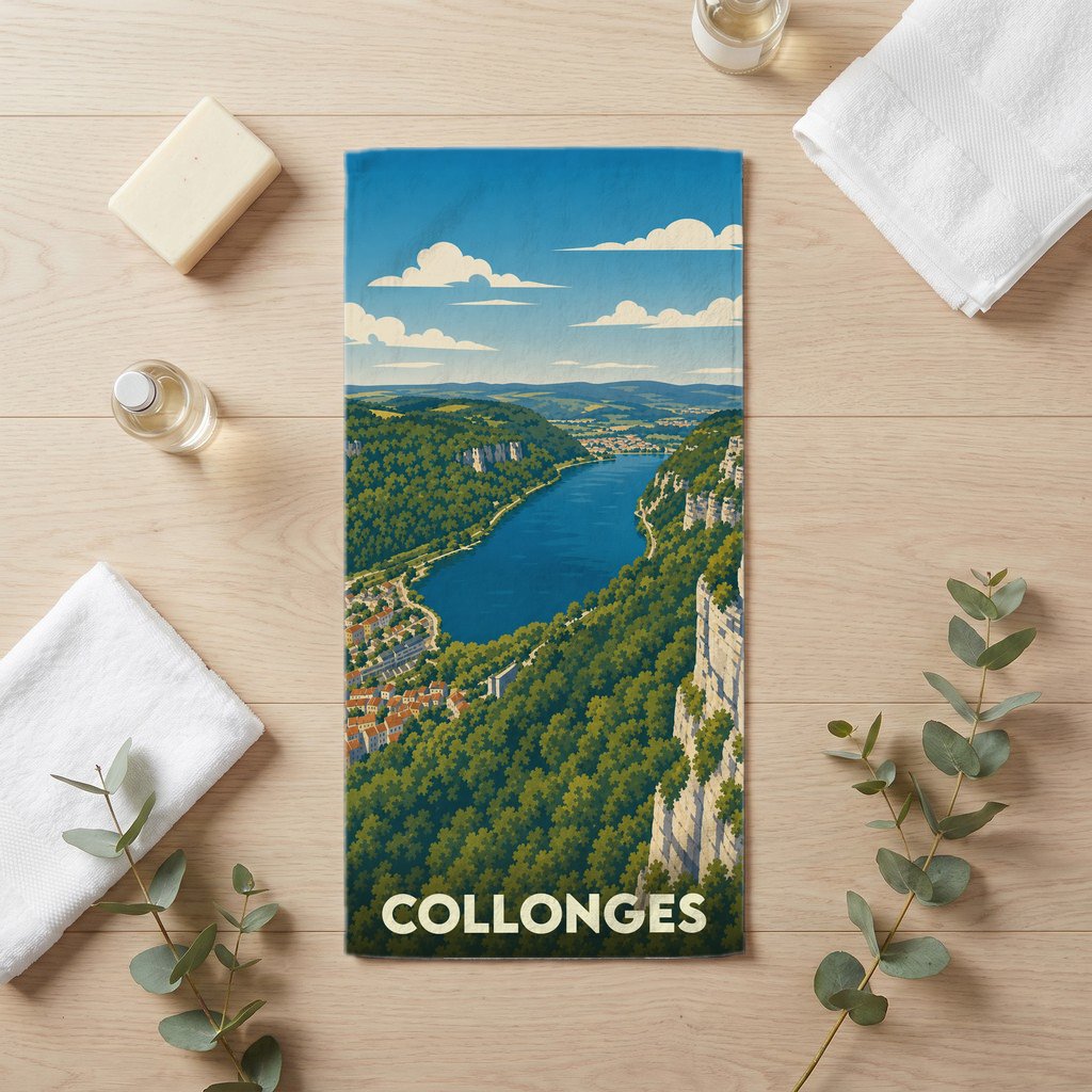 Serviette de bain souvenir de la ville de Collonges avec une illustration stylisée de paysage.