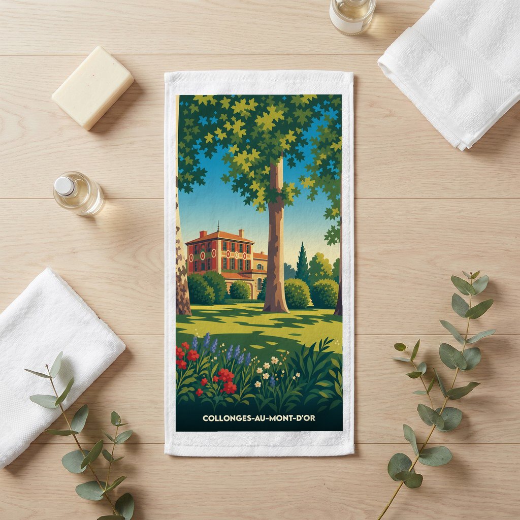 Serviette de bain souvenir de Collonges-au-Mont-d'Or avec une illustration stylisée.